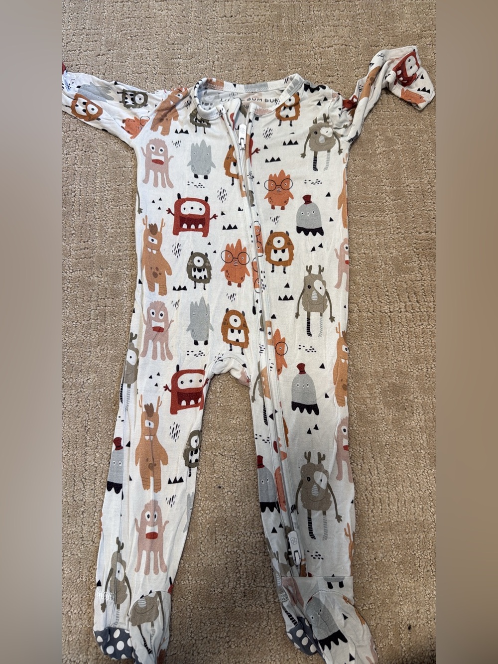 Bamboo Monster Print Zip Pajamas in Cream and Brown